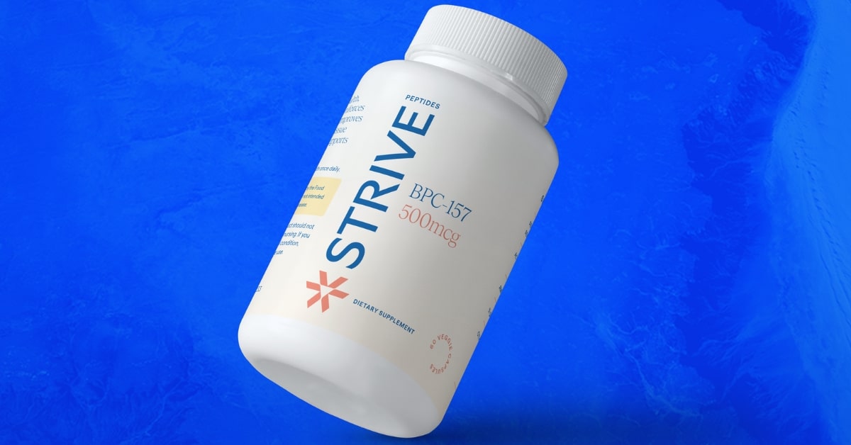 A bottle of Strive Peptides BPC-157 floating over a blue textured background