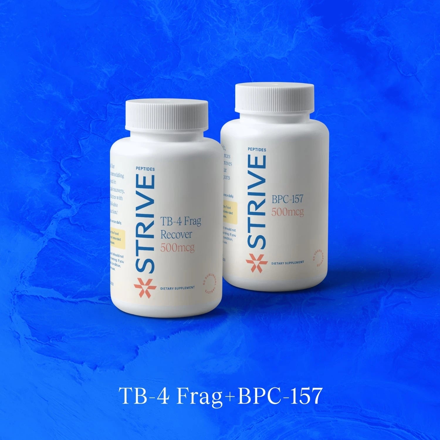 An image of two white bottles of Strive Peptides showing a bundle example with a blue textured background.