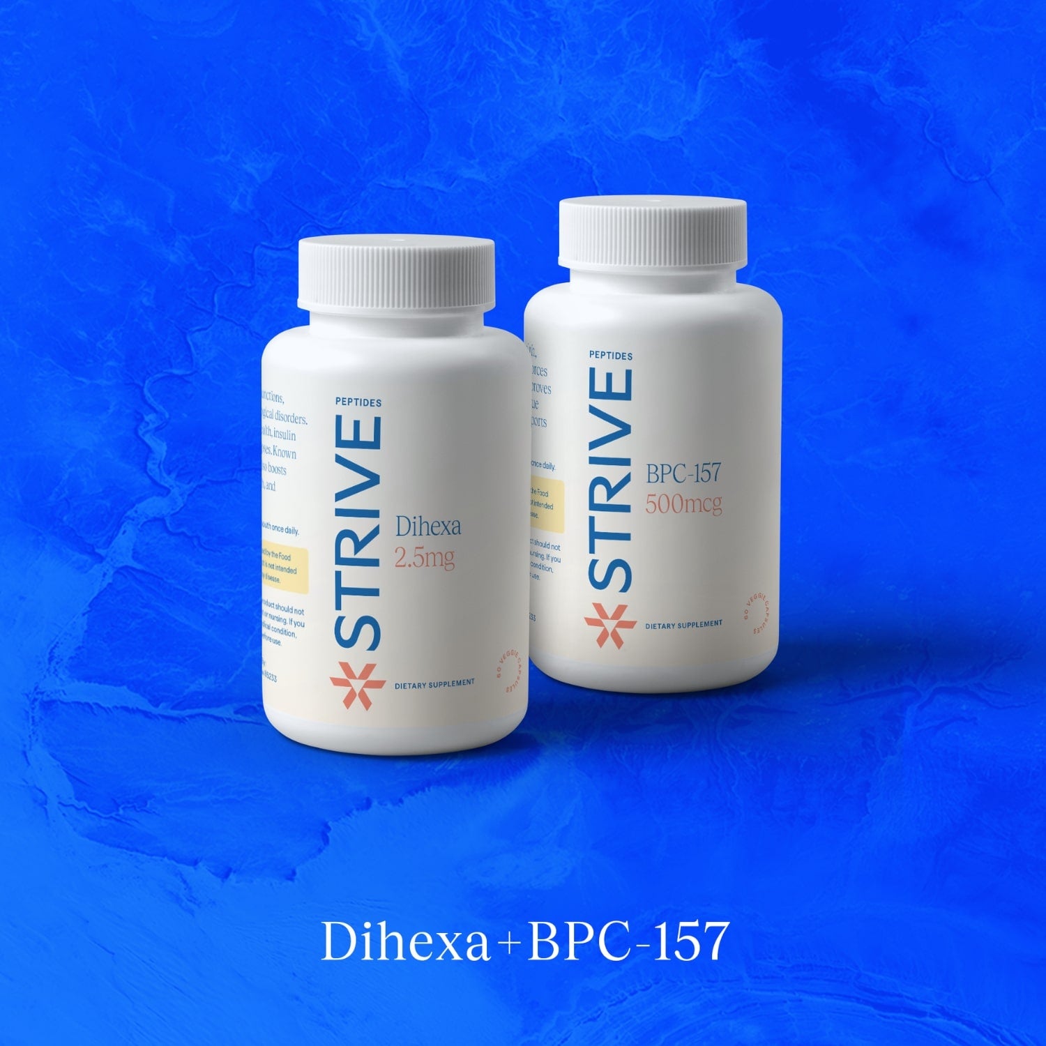 Two bottles from the Strive Peptides Dihexa and BPC-157 product bundle over a blue textured background