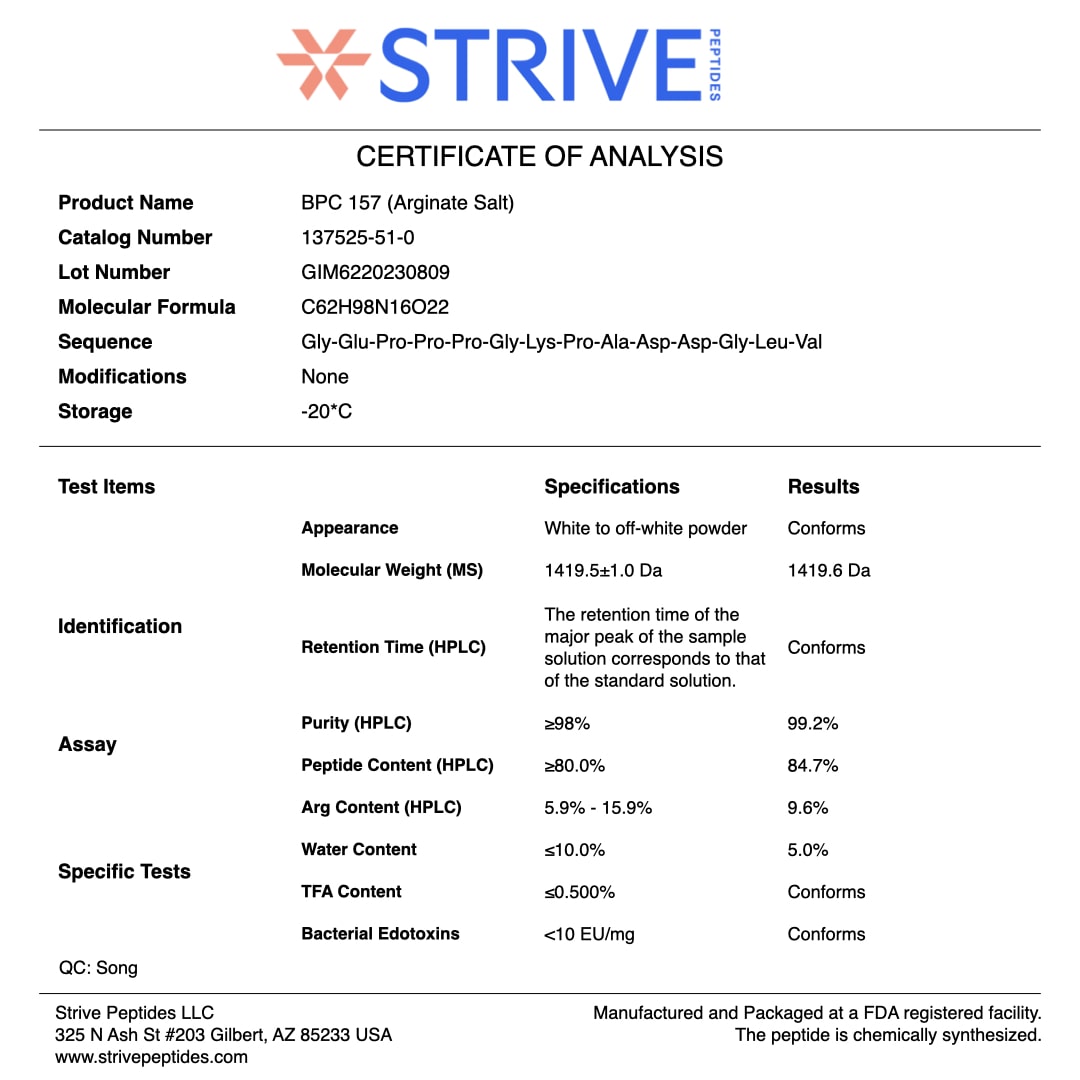 Certificate of Analysis for BPC-157 by Strive Peptides