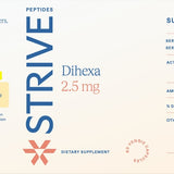 Label showing the contents, usage directions, and ingredients for Strive Peptides Dihexa 2.5mg Capsules