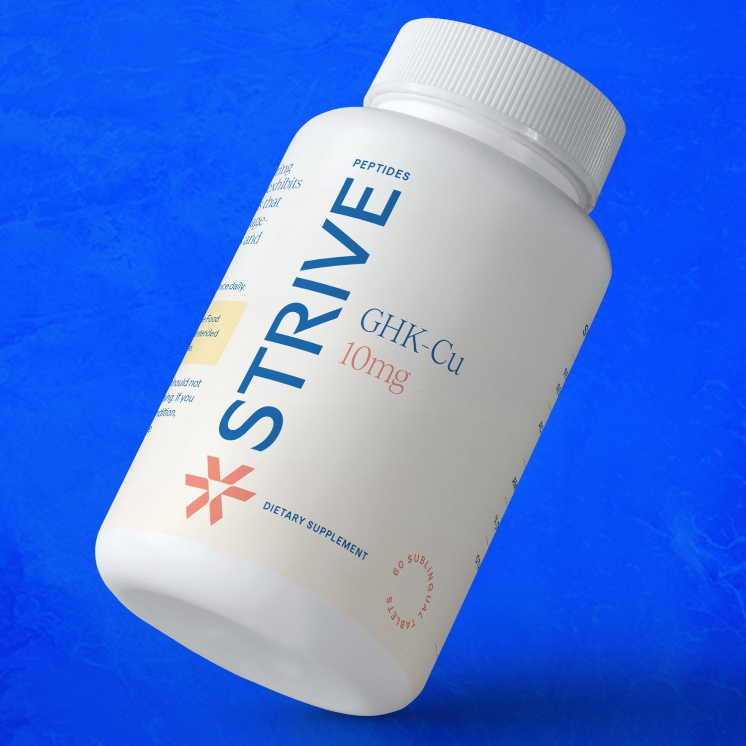 A white bottle of Strive Peptides GHK-Cu 10mg over a bright blue background