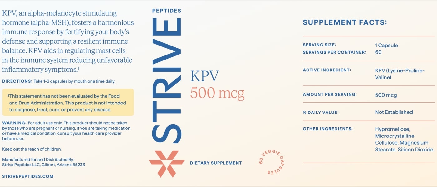 The full label for KPV 500mcg from Strive Peptides