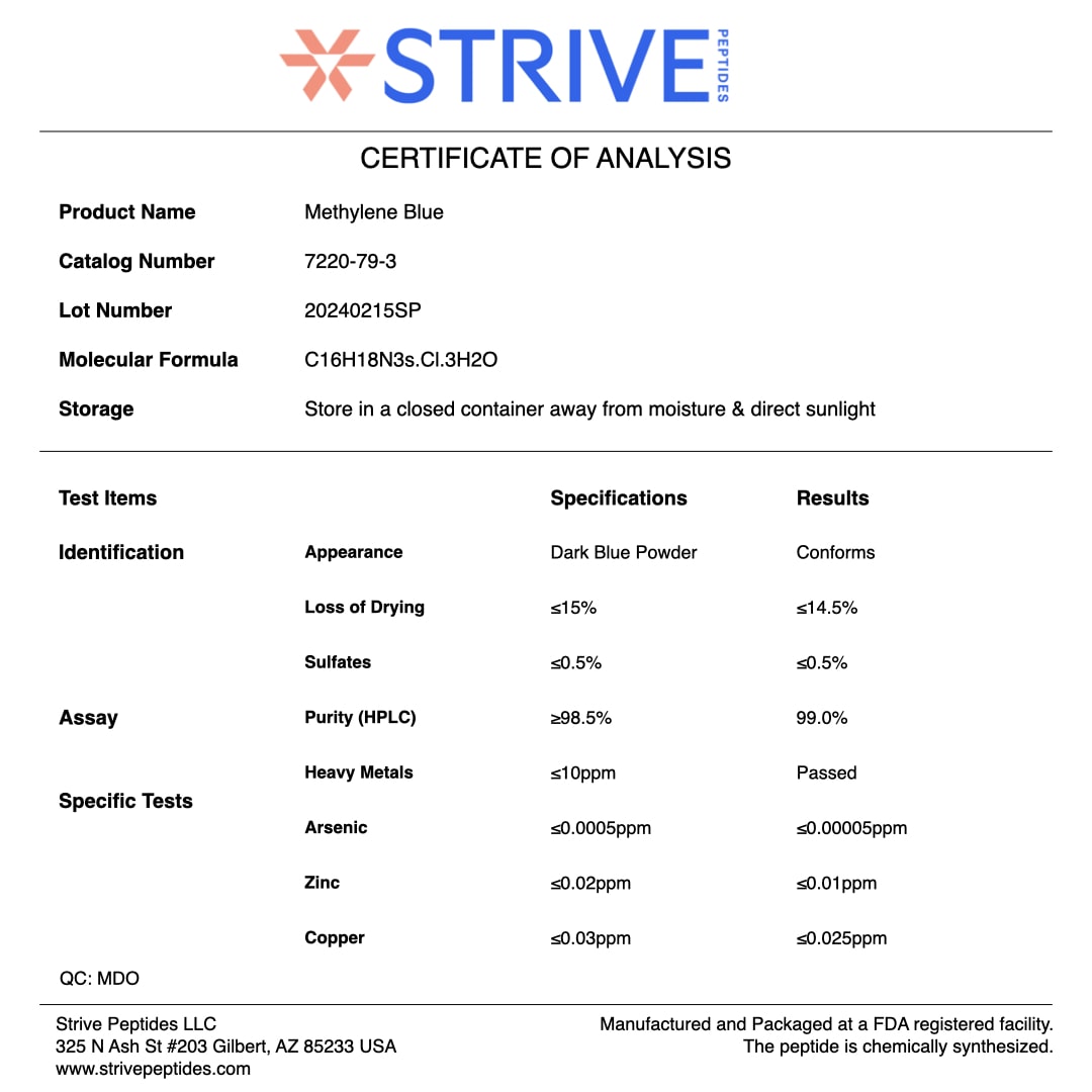 Methylene Blue Certificate of Analysis | Strive Peptides