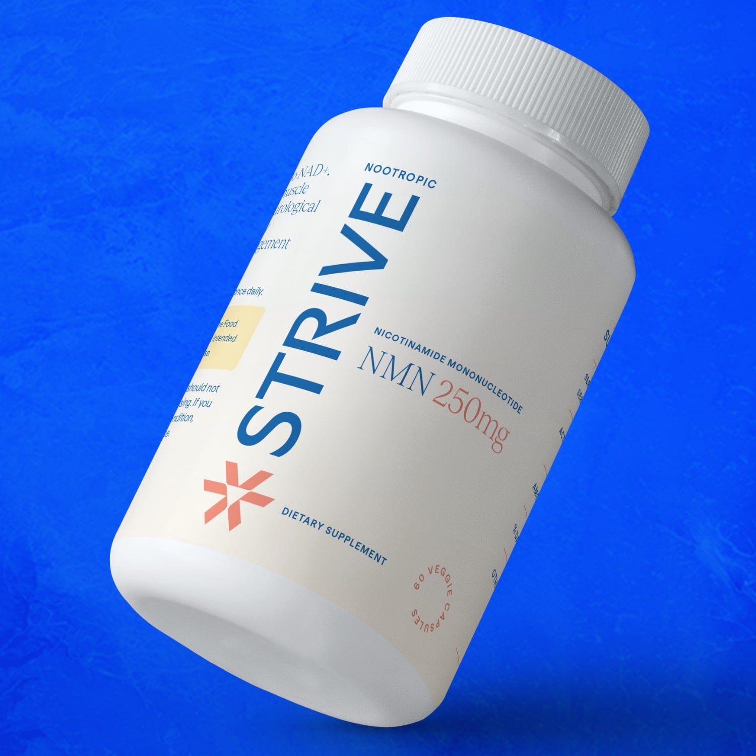 A white bottle of Strive Peptides NMN 250mg Nootropic Capsules floating in front of a bright blue background