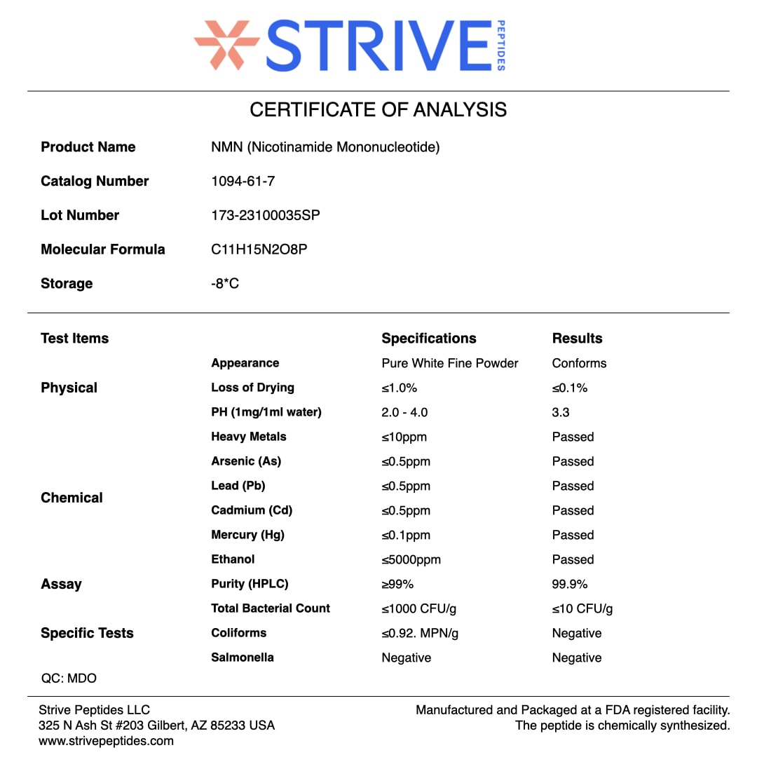 Nicotinamide Mononucleotide Certificate of Analysis | Strive Peptides