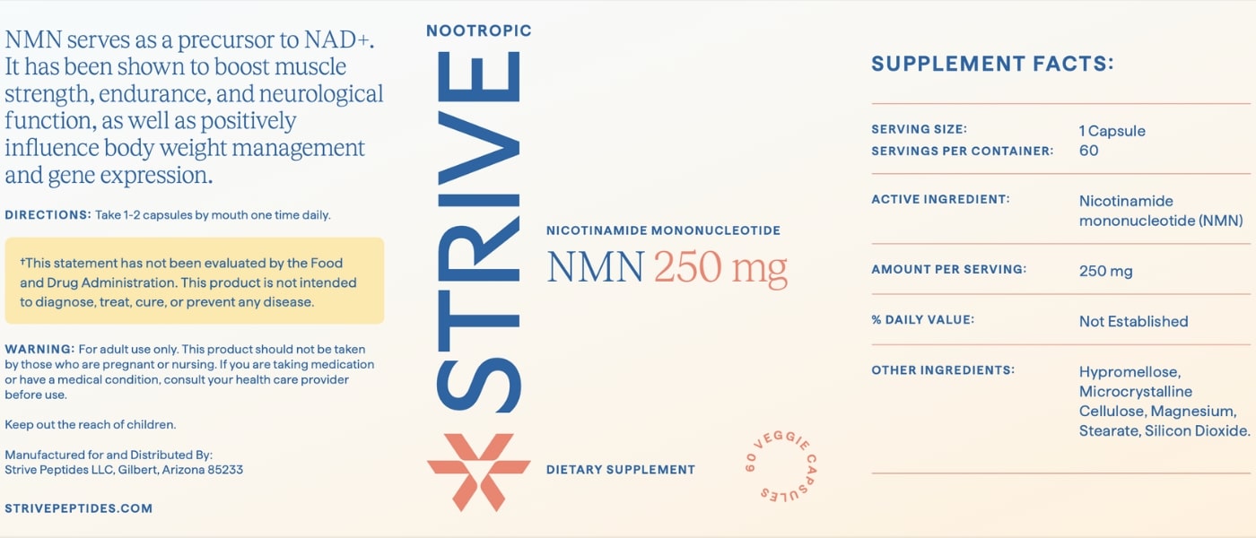 The full label for NMN 250mg from Strive Peptides