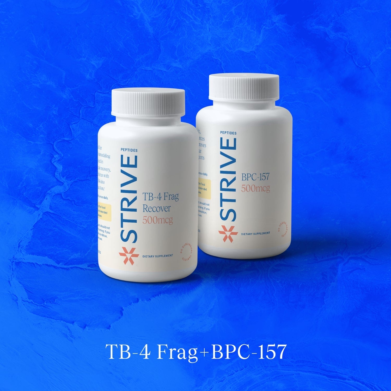 Two bottles of Strive Peptides bundling TB-4 Frag and BPC-157 bottles over a blue textured background